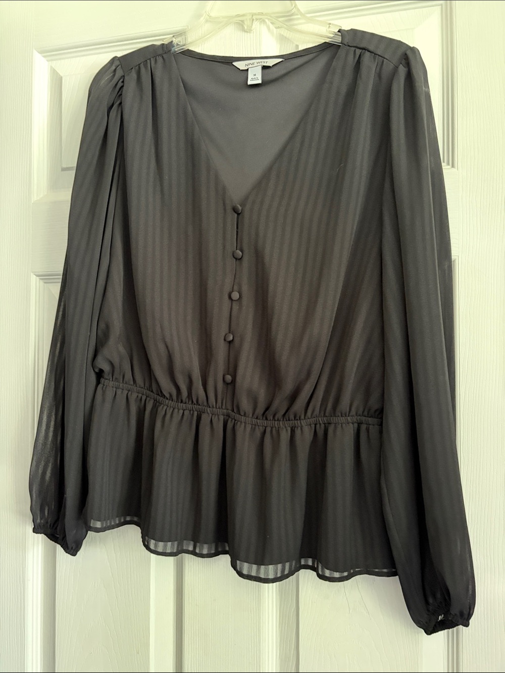 Nine West Black Sheer V-Neck Button Peplum Blouse